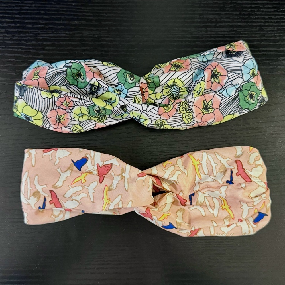Set of 2 Floral and Bird Print Knotted Headbands - Pink & Multicolor